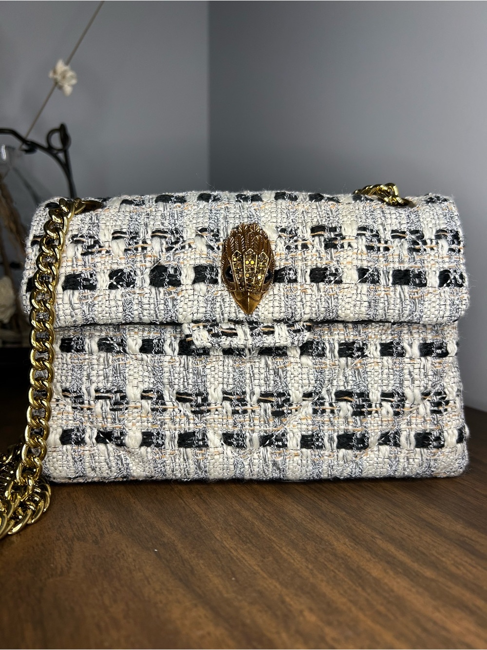 Kurt Geiger Tweed Mini Kensington Black White Crossbody Bag